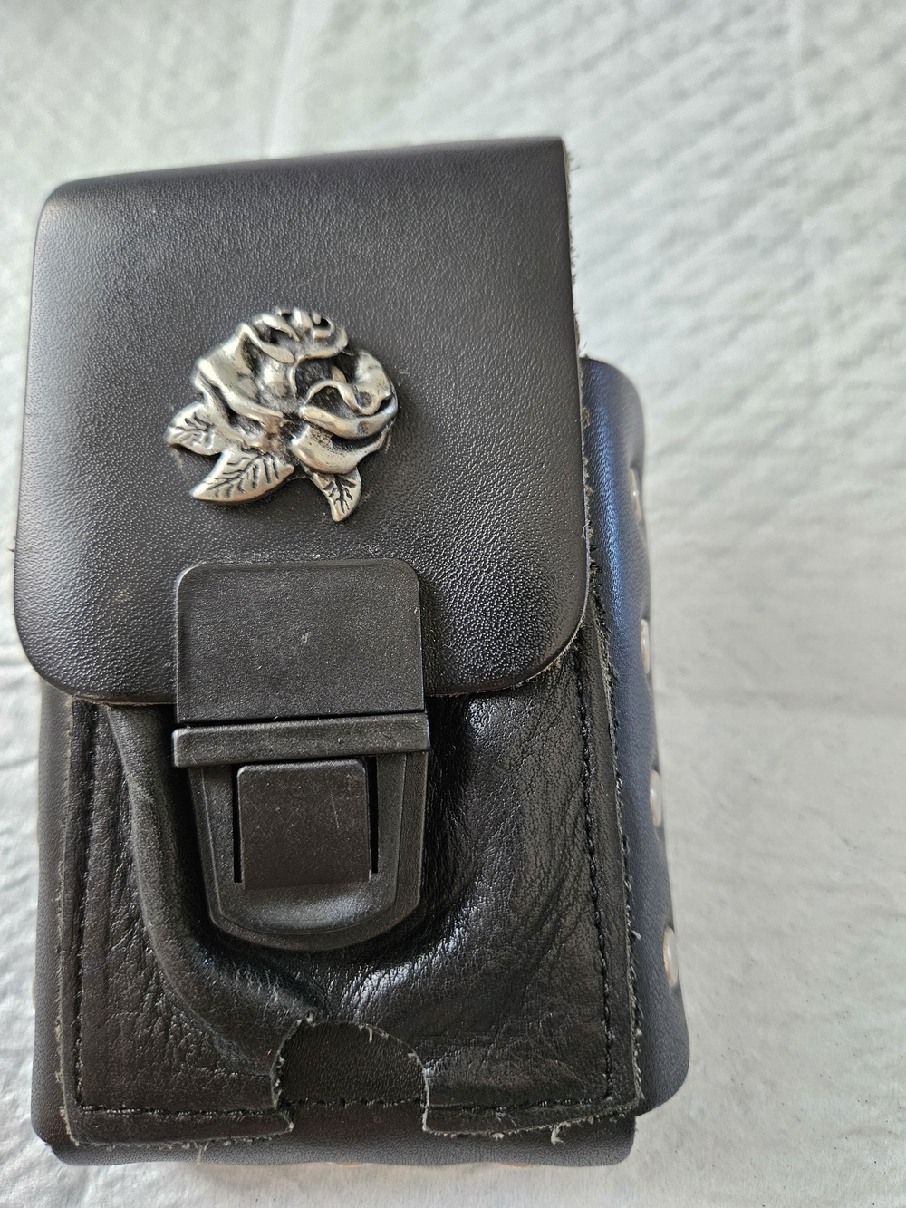 Black Women's Leather Belt Cigarette Pouch with Rose Accent